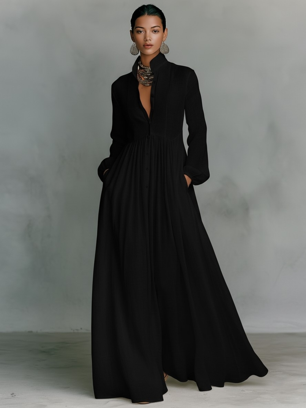 Modesees Black Cotton Linen Maxi Dress L Whimsigoth Pintuck NWT Boho